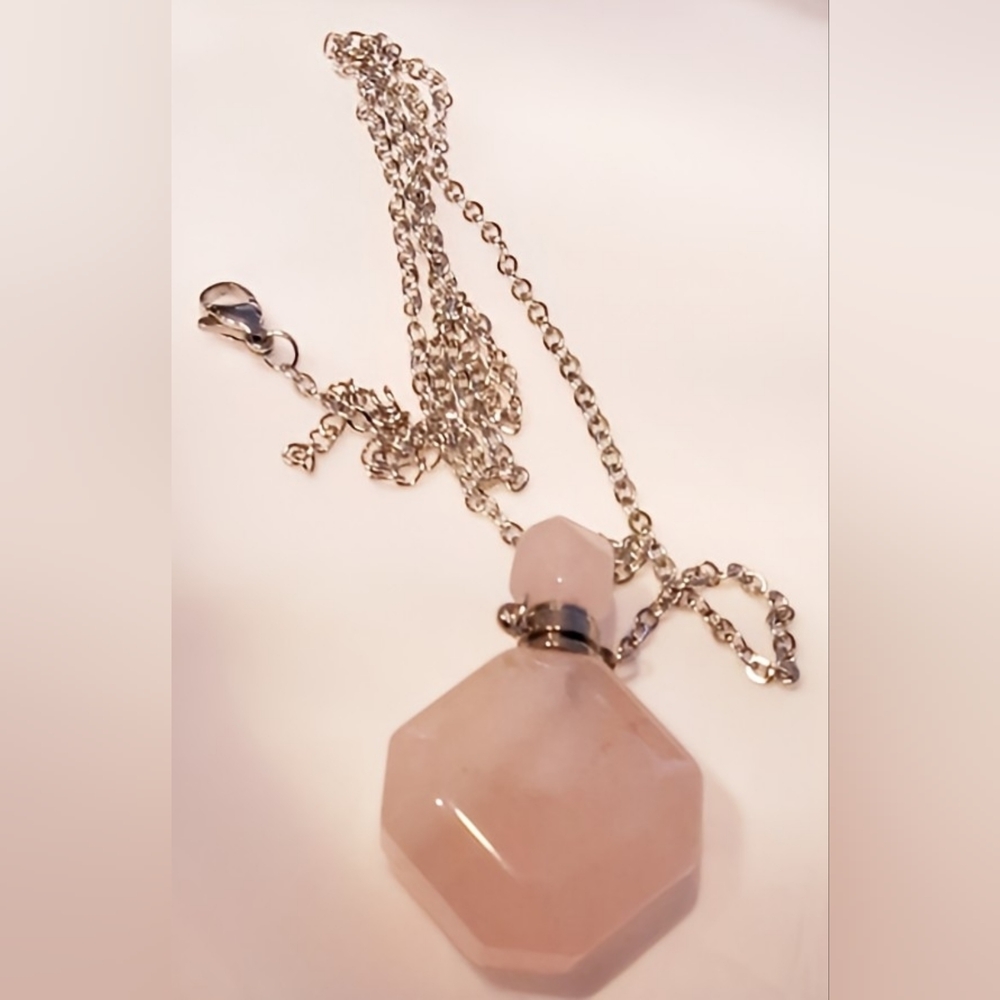 Rose Quartz Perfume Vial Necklace - 18" Chain - Heart Healing Stone